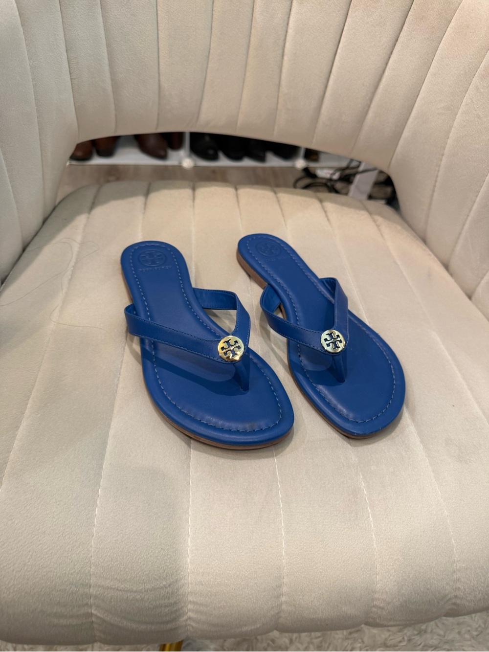 Tory Burch Cobalt Blue Leather Thong Sandals with Gold Logo
